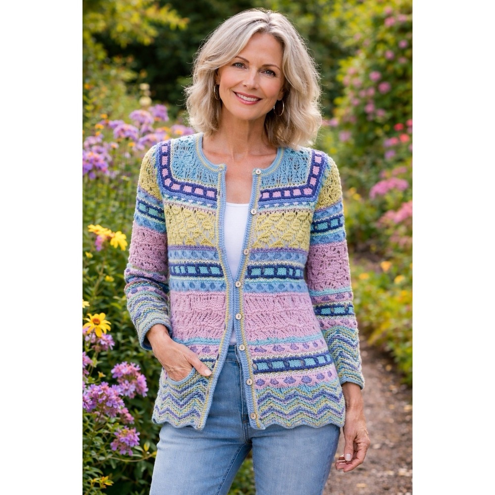 Northern Isles Crochet Cardigan Medium Boho Knit Multicolor Button Front